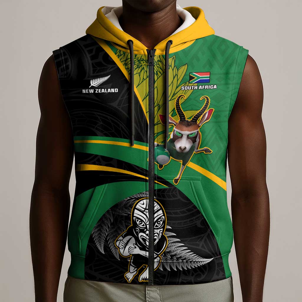 Custom New Zealand And South Africa Rugby Sleeveless Zip Hoodie 2023 Springboks Combine All Black Silver Fern - African Pride