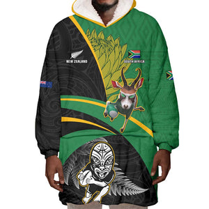 Custom New Zealand And South Africa Rugby Wearable Blanket Hoodie 2023 Springboks Combine All Black Silver Fern