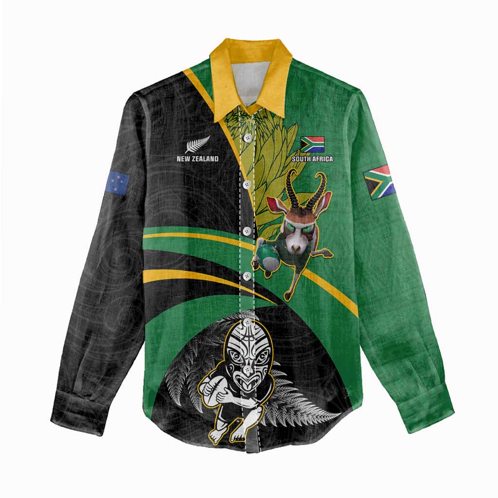 Custom New Zealand And South Africa Rugby Women Casual Shirt 2023 Springboks Combine All Black Silver Fern LT05