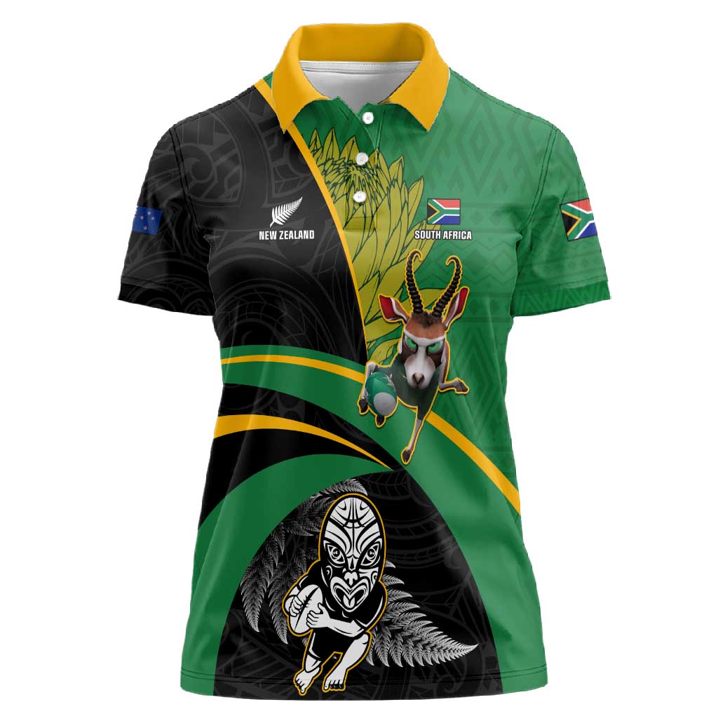 Custom New Zealand And South Africa Rugby Women Polo Shirt 2023 Springboks Combine All Black Silver Fern