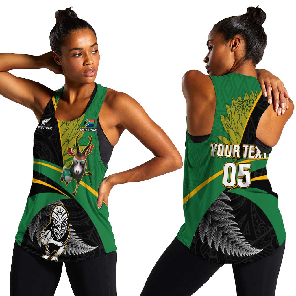 Custom New Zealand And South Africa Rugby Women Racerback Tank 2023 Springboks Combine All Black Silver Fern