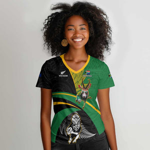 Custom New Zealand And South Africa Rugby Women V-Neck T-Shirt 2023 Springboks Combine All Black Silver Fern