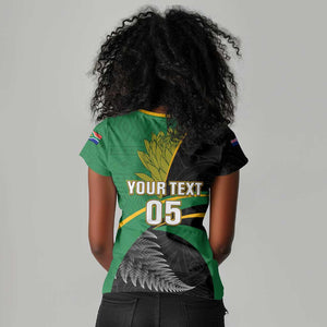 Custom New Zealand And South Africa Rugby Women V-Neck T-Shirt 2023 Springboks Combine All Black Silver Fern