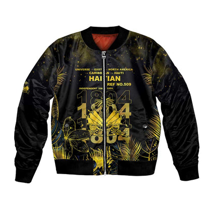 Haiti 1804 Bomber Jacket Gold Tropical Leaves And Coat Of Arms - African Pride
