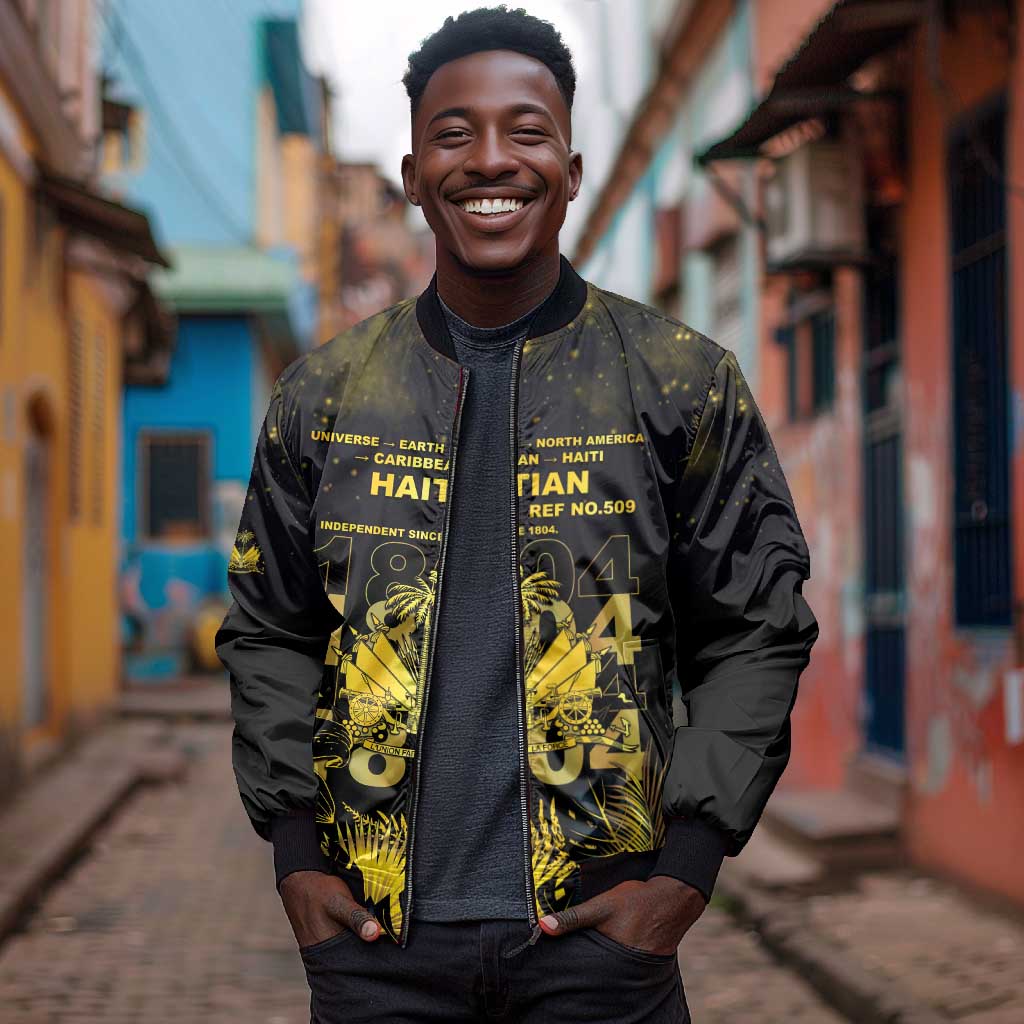 Haiti 1804 Bomber Jacket Gold Tropical Leaves And Coat Of Arms - African Pride