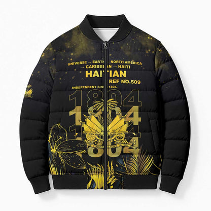 Haiti 1804 Bomber Puffer Jacket Gold Tropical Leaves And Coat Of Arms
