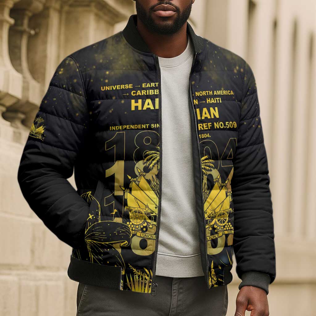Haiti 1804 Bomber Puffer Jacket Gold Tropical Leaves And Coat Of Arms