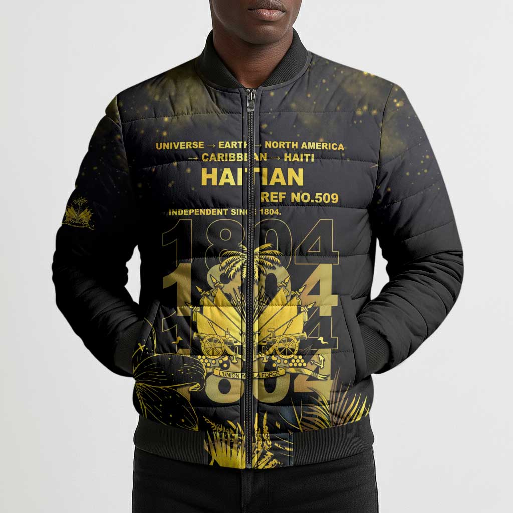 Haiti 1804 Bomber Puffer Jacket Gold Tropical Leaves And Coat Of Arms