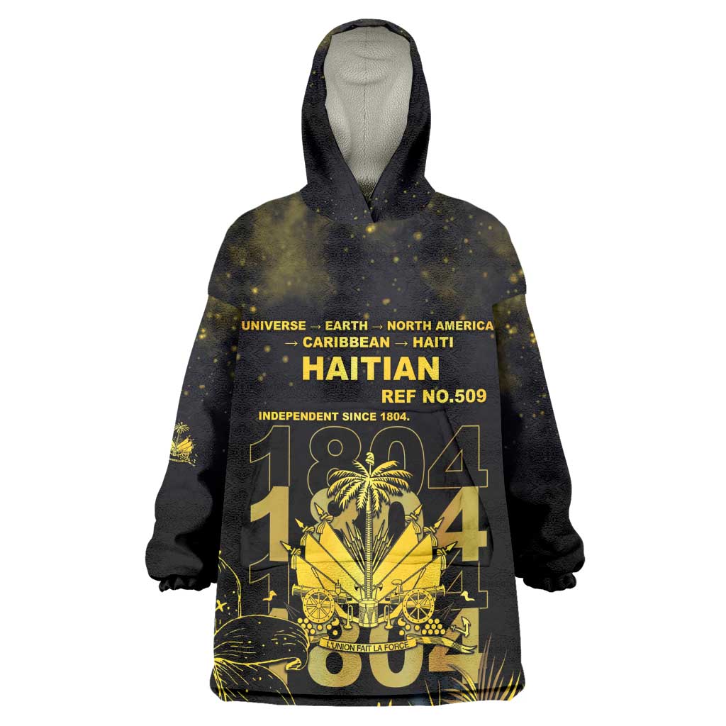 Haiti 1804 Kid Wearable Blanket Hoodie Gold Tropical Leaves And Coat Of Arms - African Pride