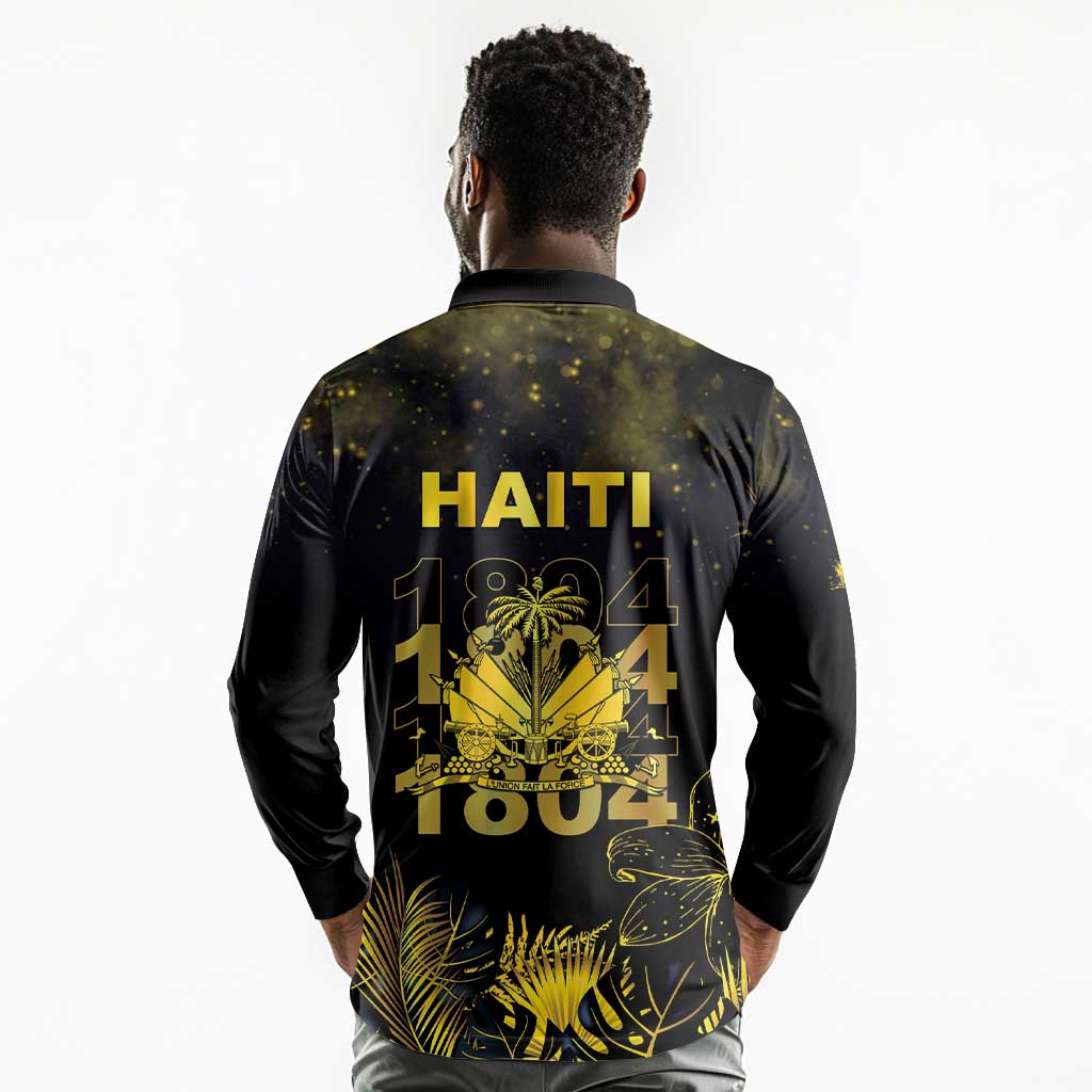 Haiti 1804 Long Sleeve Polo Shirt Gold Tropical Leaves And Coat Of Arms - African Pride