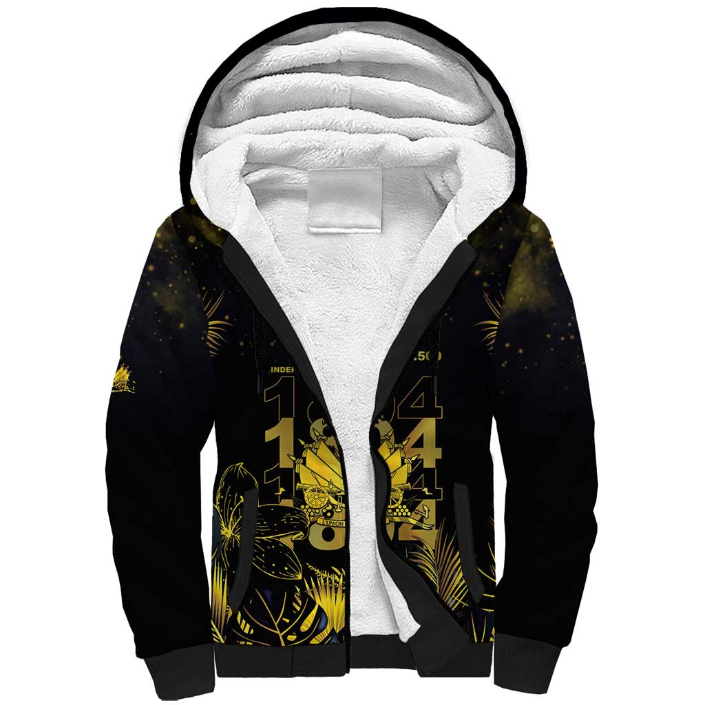 Haiti 1804 Sherpa Hoodie Gold Tropical Leaves And Coat Of Arms - African Pride