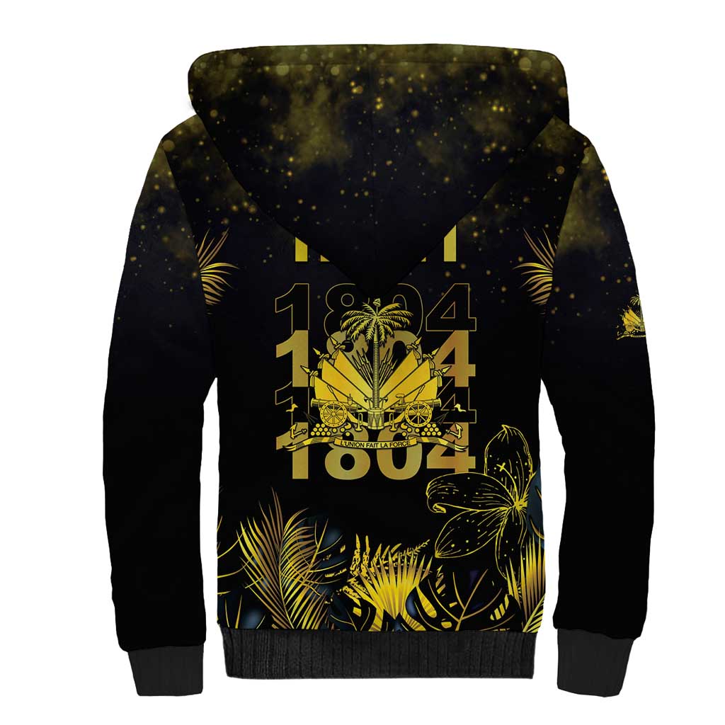 Haiti 1804 Sherpa Hoodie Gold Tropical Leaves And Coat Of Arms - African Pride