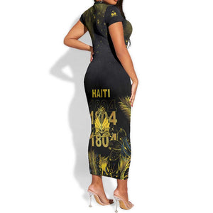 Haiti 1804 Short Sleeve Bodycon Dress Gold Tropical Leaves And Coat Of Arms LT05