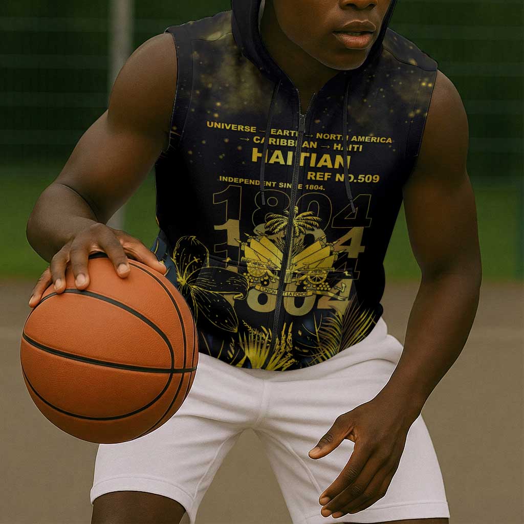 Haiti 1804 Sleeveless Zip Hoodie Gold Tropical Leaves And Coat Of Arms - African Pride
