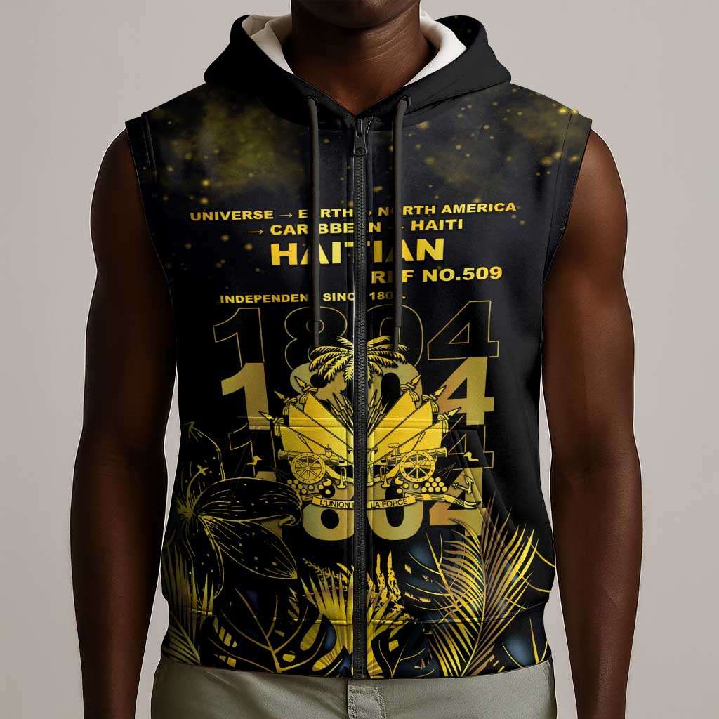 Haiti 1804 Sleeveless Zip Hoodie Gold Tropical Leaves And Coat Of Arms - African Pride