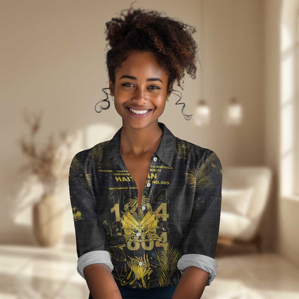 Haiti 1804 Women Casual Shirt Gold Tropical Leaves And Coat Of Arms - African Pride