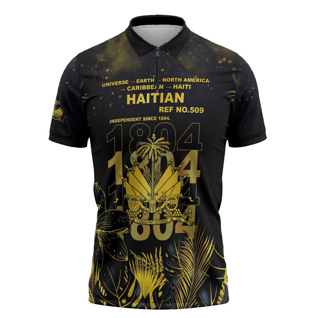 Haiti 1804 Zipper Polo Shirt Gold Tropical Leaves And Coat Of Arms