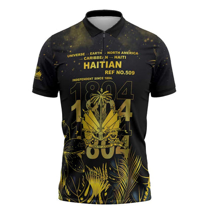 Haiti 1804 Zipper Polo Shirt Gold Tropical Leaves And Coat Of Arms
