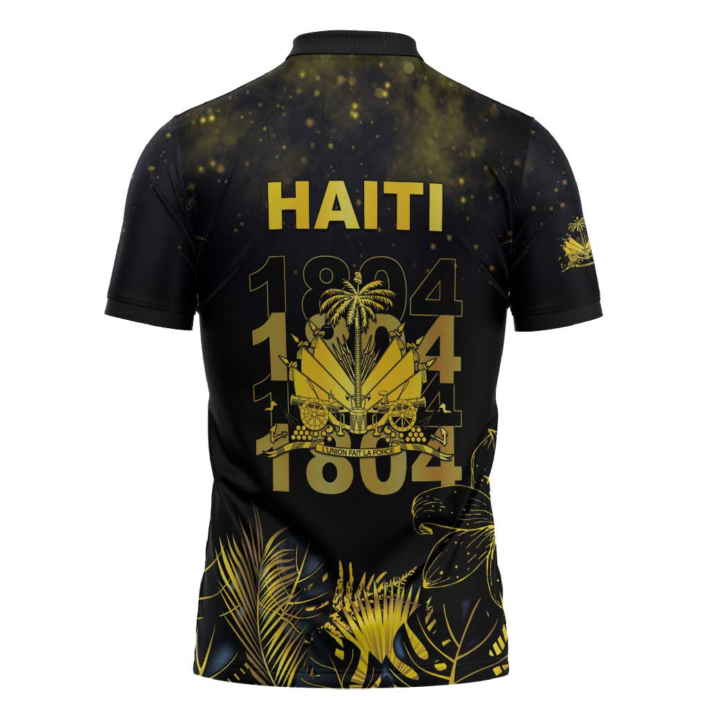 Haiti 1804 Zipper Polo Shirt Gold Tropical Leaves And Coat Of Arms