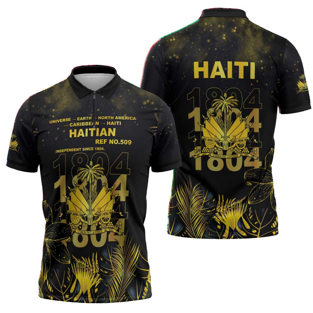 Haiti 1804 Zipper Polo Shirt Gold Tropical Leaves And Coat Of Arms