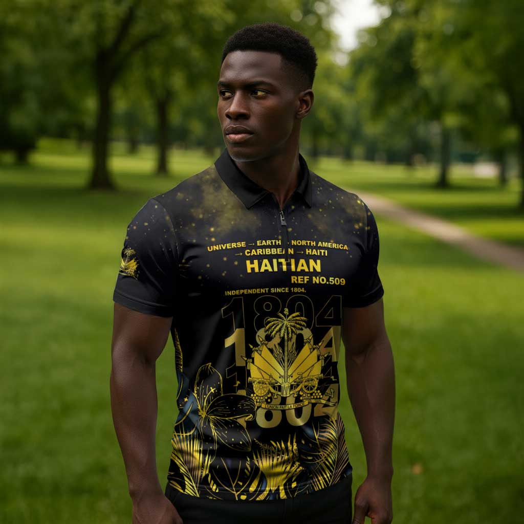 Haiti 1804 Zipper Polo Shirt Gold Tropical Leaves And Coat Of Arms
