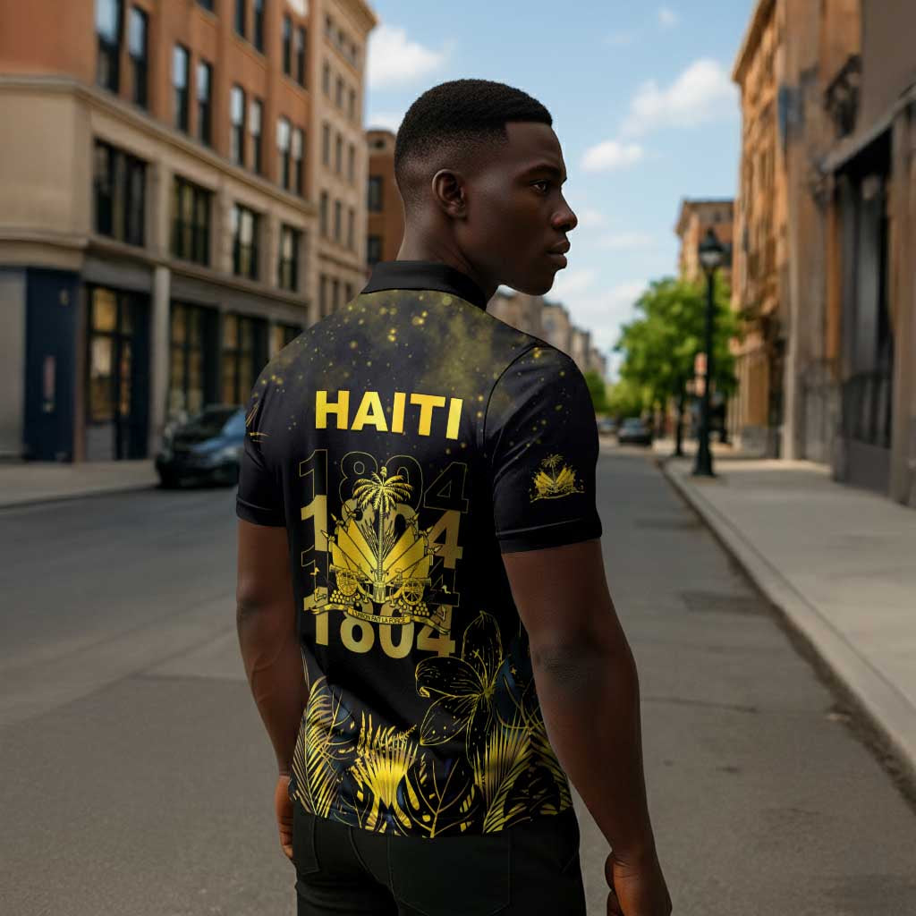 Haiti 1804 Zipper Polo Shirt Gold Tropical Leaves And Coat Of Arms