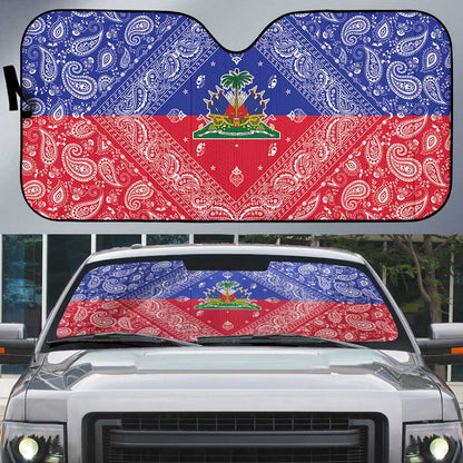 Afro Haiti Paisley Auto Sun Shade Haitian Flag Bandana Style