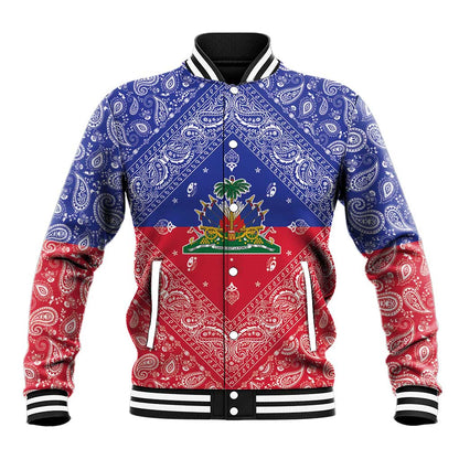 Afro Haiti Paisley Baseball Jacket Haitian Flag Bandana Style - African Pride