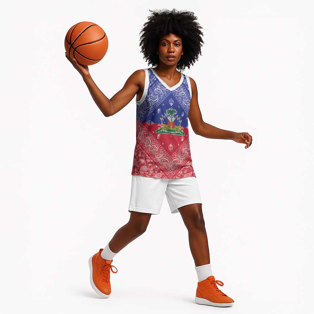 Afro Haiti Paisley Basketball Jersey Haitian Flag Bandana Style - African Pride