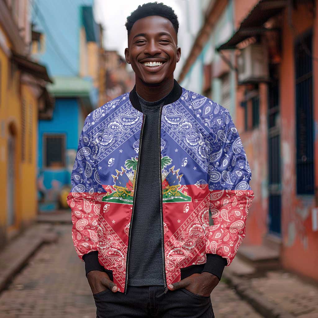 Afro Haiti Paisley Bomber Jacket Haitian Flag Bandana Style - African Pride