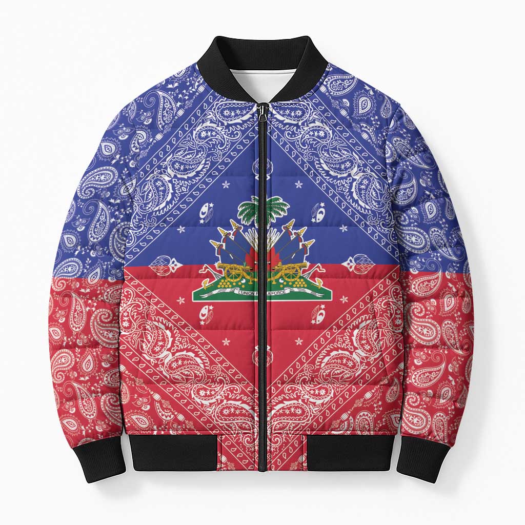 Afro Haiti Paisley Bomber Puffer Jacket Haitian Flag Bandana Style