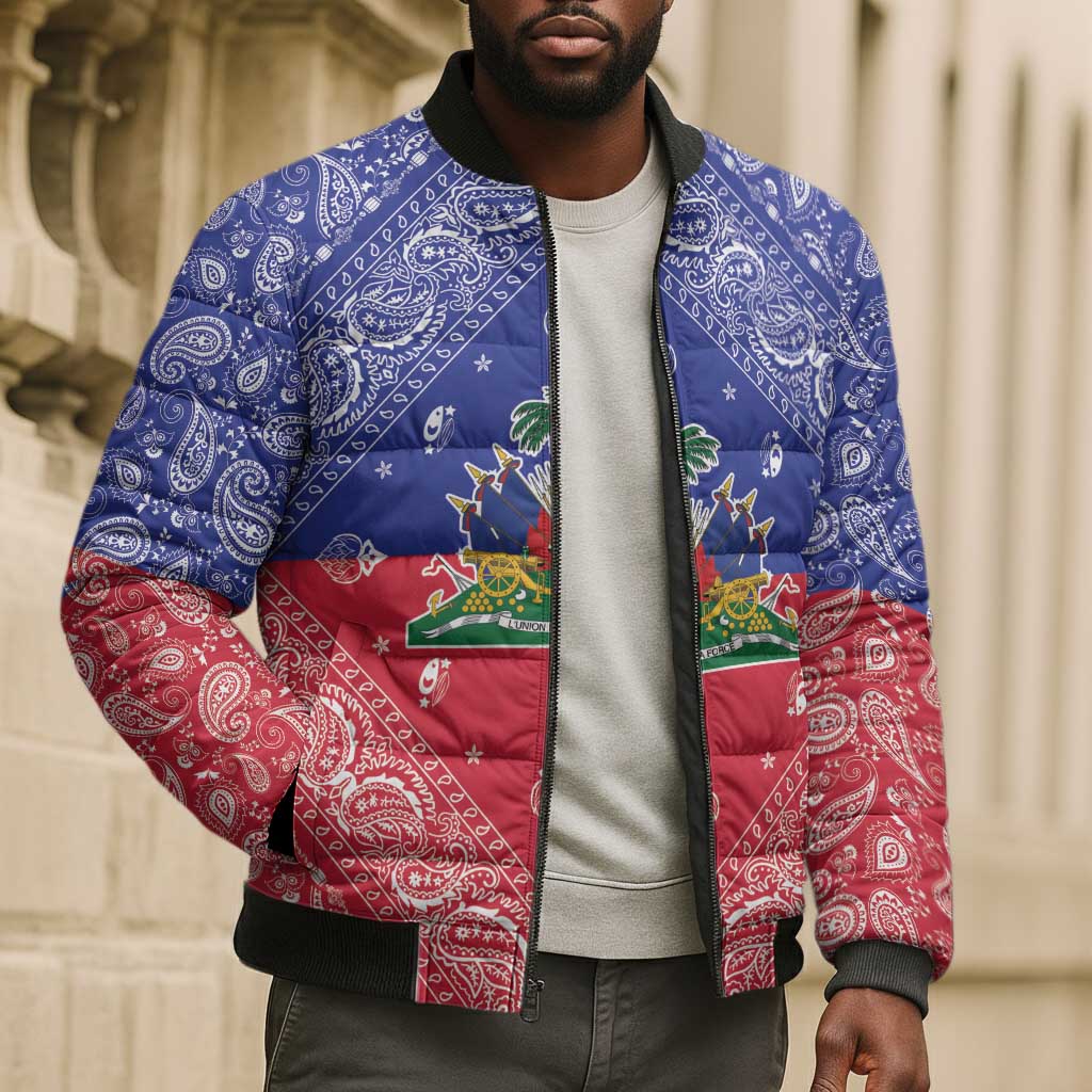 Afro Haiti Paisley Bomber Puffer Jacket Haitian Flag Bandana Style