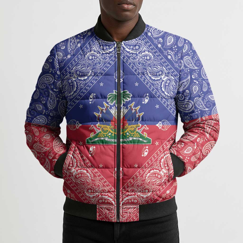 Afro Haiti Paisley Bomber Puffer Jacket Haitian Flag Bandana Style