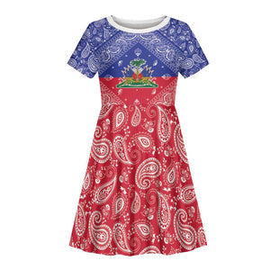 Afro Haiti Paisley Kid Short Sleeve Dress Haitian Flag Bandana Style LT05