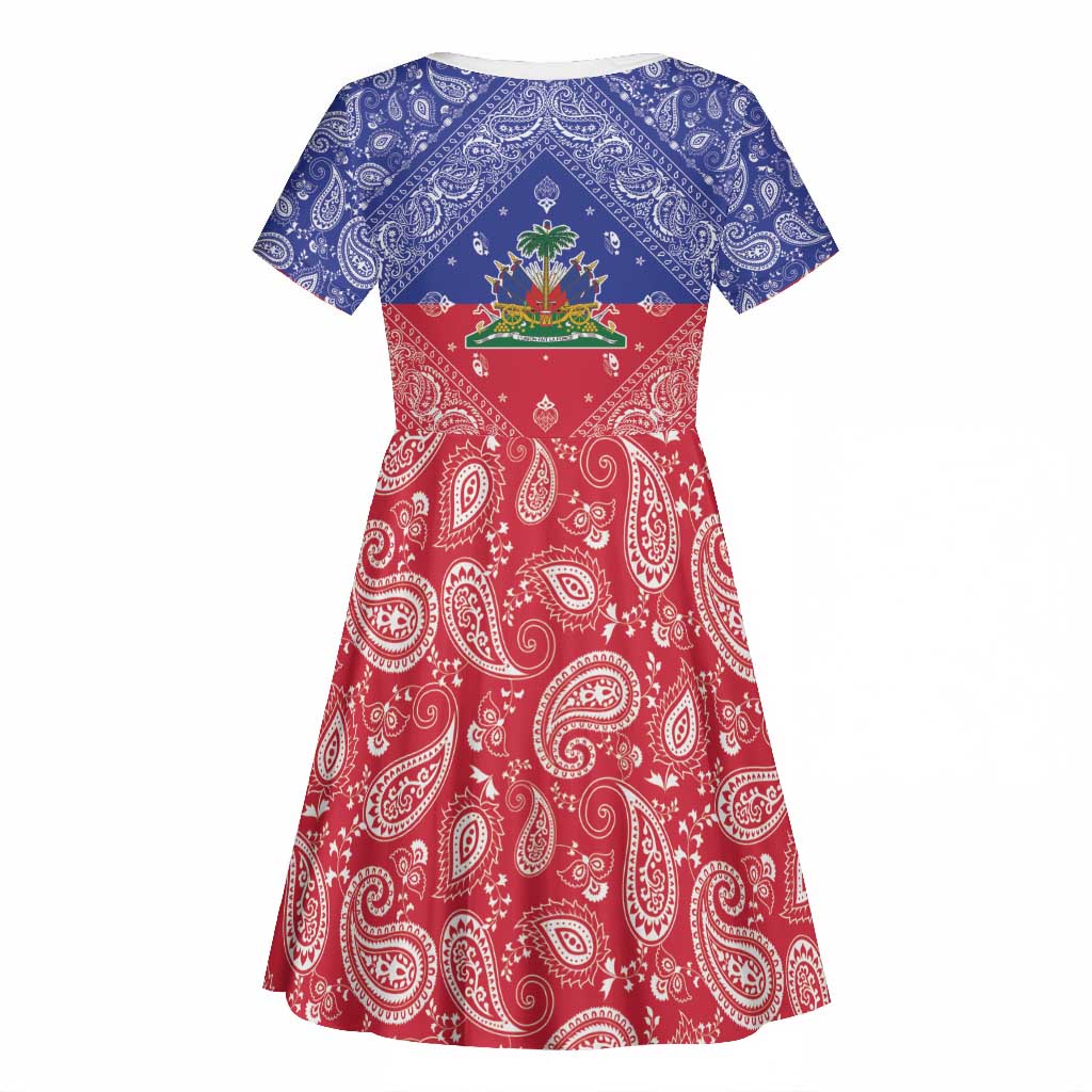 Afro Haiti Paisley Kid Short Sleeve Dress Haitian Flag Bandana Style LT05
