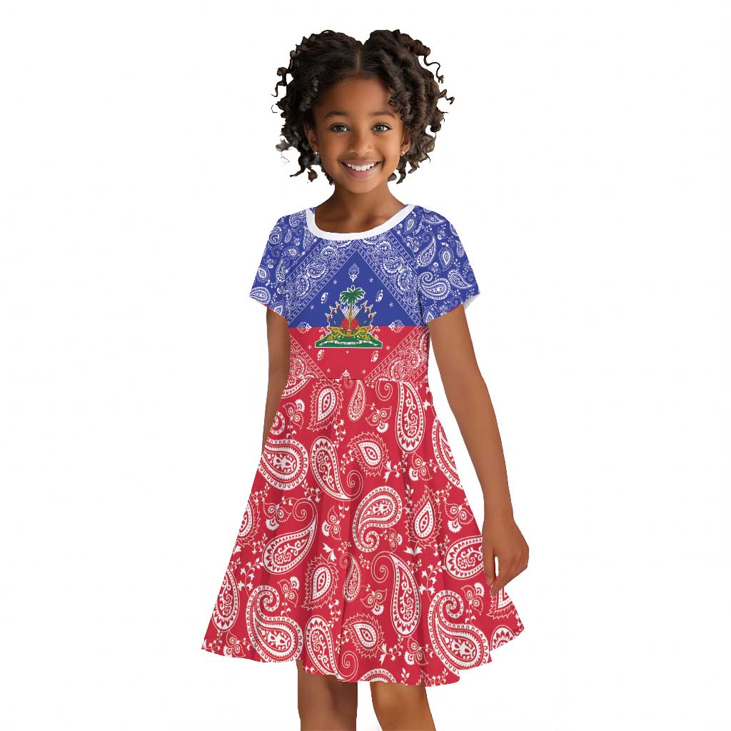 Afro Haiti Paisley Kid Short Sleeve Dress Haitian Flag Bandana Style LT05