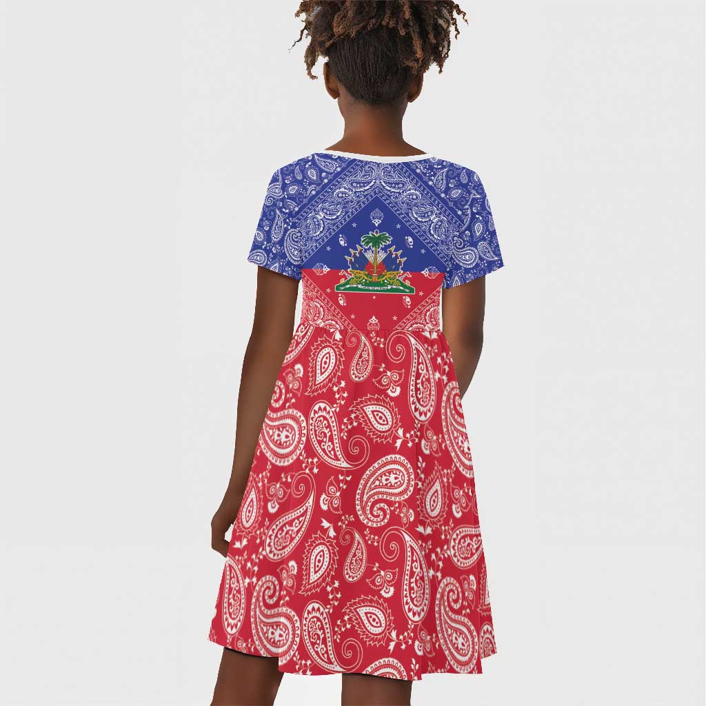Afro Haiti Paisley Kid Short Sleeve Dress Haitian Flag Bandana Style LT05