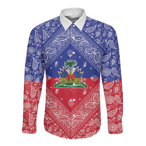 Afro Haiti Paisley Long Sleeve Button Shirt Haitian Flag Bandana Style - African Pride