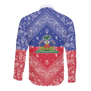Afro Haiti Paisley Long Sleeve Button Shirt Haitian Flag Bandana Style - African Pride