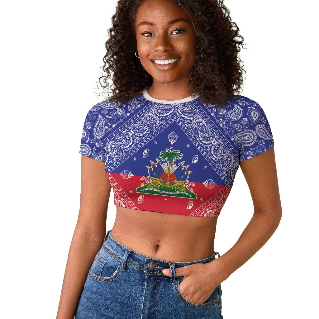 Afro Haiti Paisley Raglan Cropped T shirt Haitian Flag Bandana Style LT05