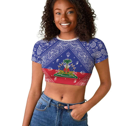 Afro Haiti Paisley Raglan Cropped T shirt Haitian Flag Bandana Style LT05