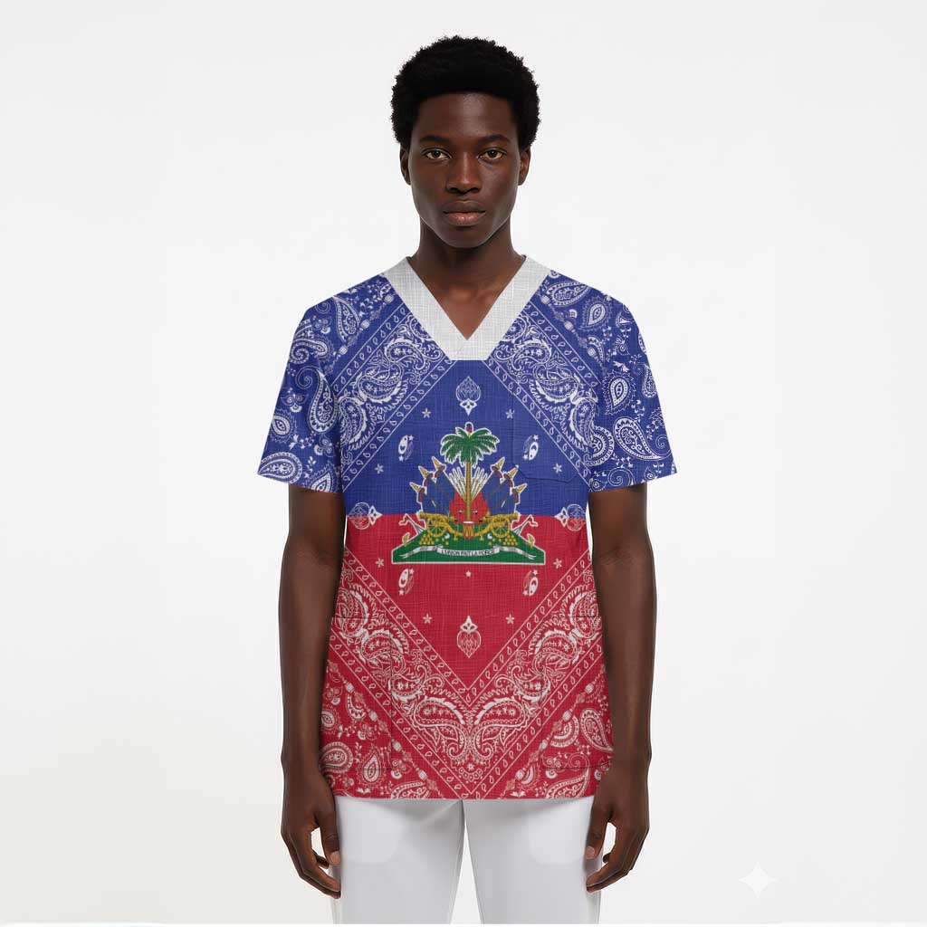 Afro Haiti Paisley Scrub Top Haitian Flag Bandana Style - African Pride