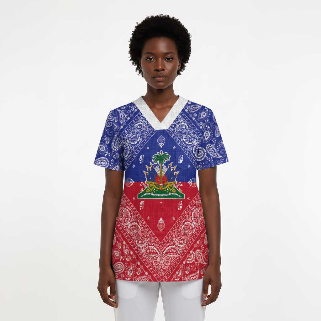 Afro Haiti Paisley Scrub Top Haitian Flag Bandana Style - African Pride