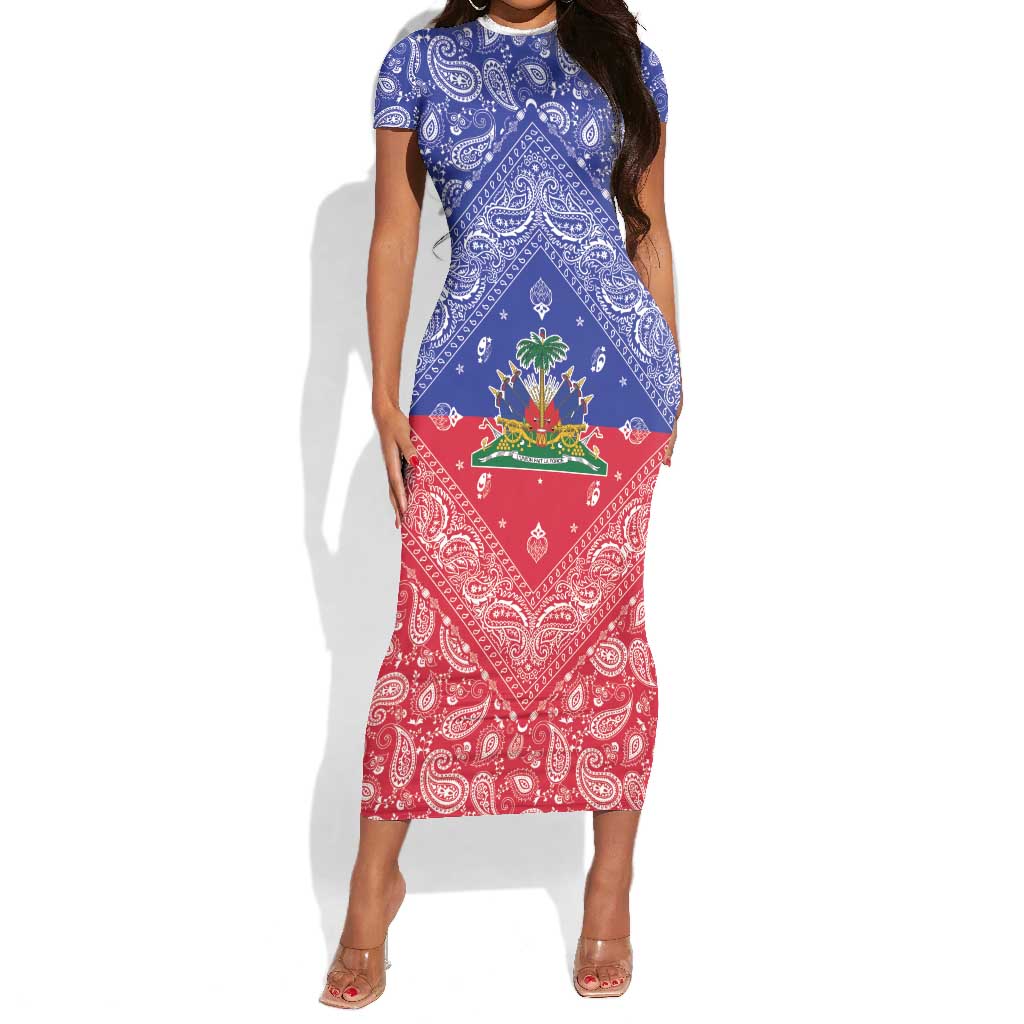 Afro Haiti Paisley Short Sleeve Bodycon Dress Haitian Flag Bandana Style LT05
