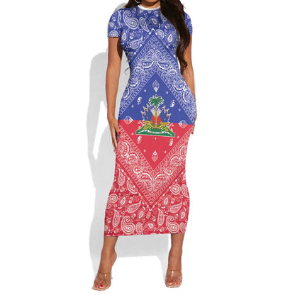 Afro Haiti Paisley Short Sleeve Bodycon Dress Haitian Flag Bandana Style LT05