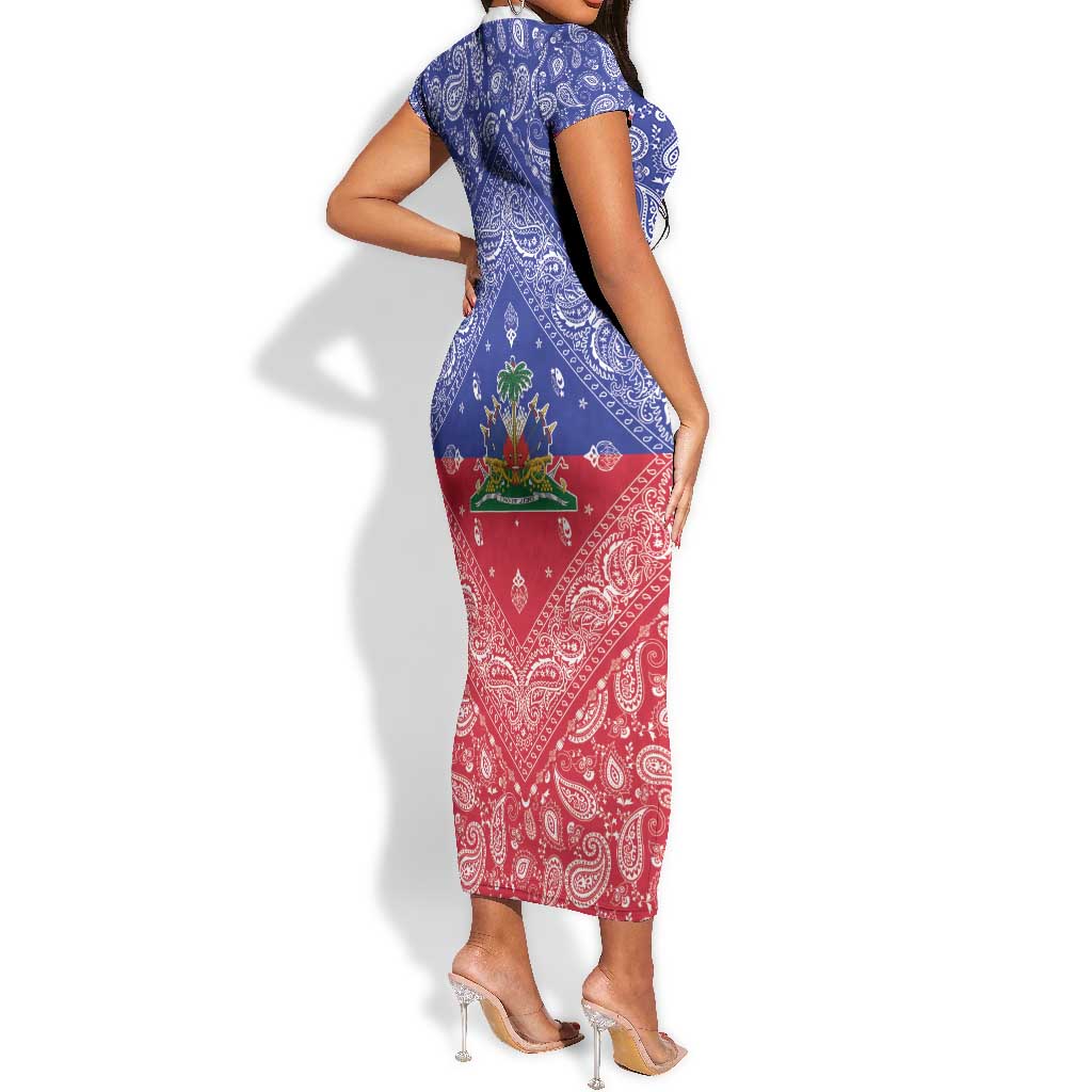 Afro Haiti Paisley Short Sleeve Bodycon Dress Haitian Flag Bandana Style LT05