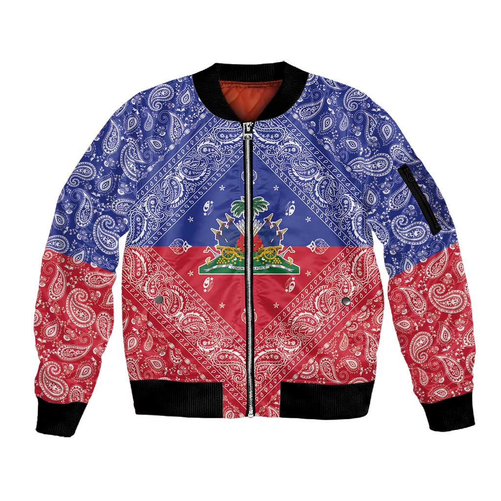 Afro Haiti Paisley Sleeve Zip Bomber Jacket Haitian Flag Bandana Style - African Pride