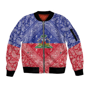 Afro Haiti Paisley Sleeve Zip Bomber Jacket Haitian Flag Bandana Style - African Pride