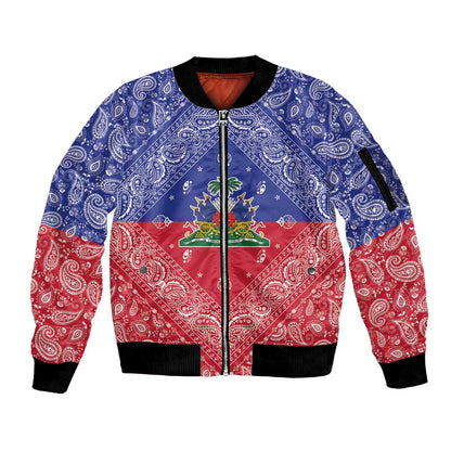 Afro Haiti Paisley Sleeve Zip Bomber Jacket Haitian Flag Bandana Style - African Pride