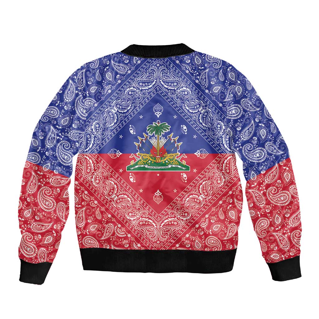 Afro Haiti Paisley Sleeve Zip Bomber Jacket Haitian Flag Bandana Style - African Pride